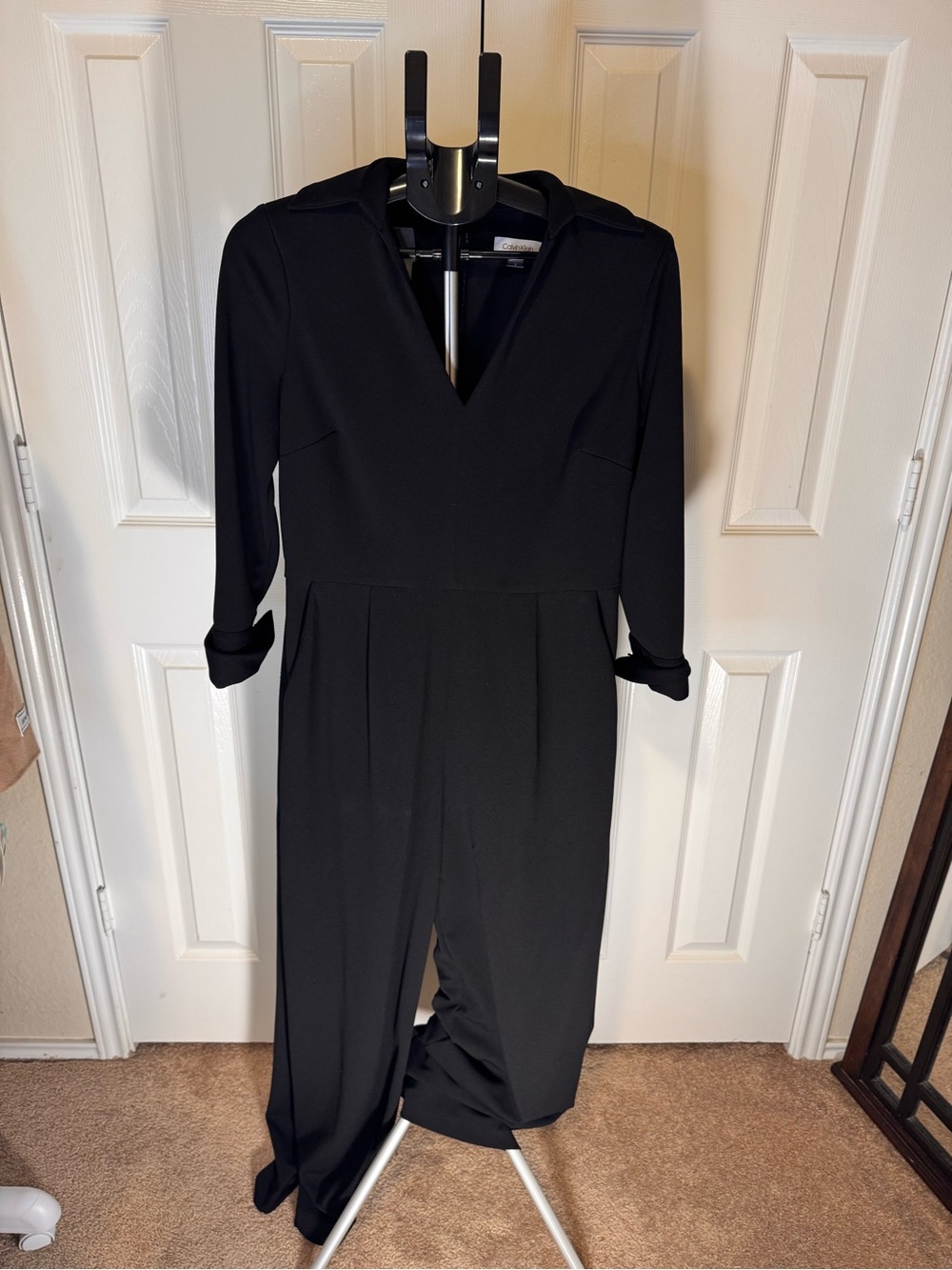 Calvin Klein Black Long Sleeve V-Neck Wide Leg Jumpsuit